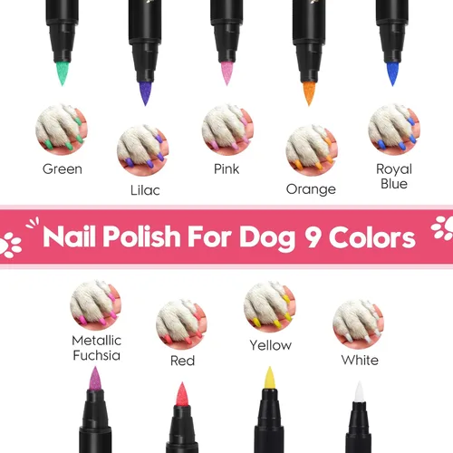 Vista 2 de MSDADA Bolígrafos de esmalte de uñas para perros de secado rápido, juego de esmaltes de uñas de 9 colores para perros, seguro y fácil de aplicar