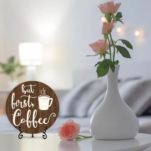 Vista 5 de Letrero de barra de café, decoración de café para cafetería, placa redonda de madera de granja con soporte, letreros de café con temática de «But