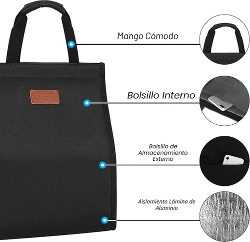 Vista 3 de Bolsas de almuerzo para mujer, aisladas, reutilizables, con bolsillo interno, bolsa de almuerzo para adultos para el trabajo