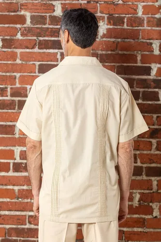Vista 5 de Camisa de guayabera para hombre, cuatro bolsillos, manga corta, clásica, para vacaciones, boda, bordado, Pintuck, camisa relajada