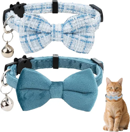 Vista 14 de Collar de gato con campana para niño y niña, pajarita de seguridad, a cuadros, color sólido, conjunto de regalo, lindo festivo, [2 piezas], verde