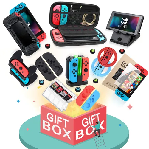 Vista 8 de Switch Accessories Bundle, Kit with Carrying Case, Protective Case with Screen Protector, Compact Playstand,Game Case, Joystick Cap, Charging Dock