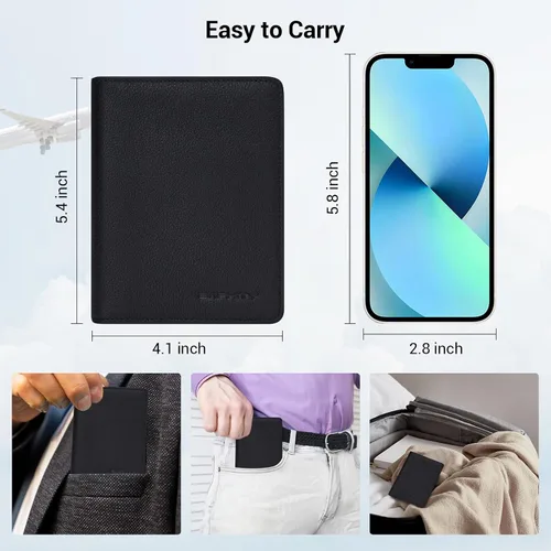 Vista 4 de Funda de cuero genuino para pasaporte, billetera con bloqueo RFID, BAPHITY de lujo y simple, Grano negro, Classic