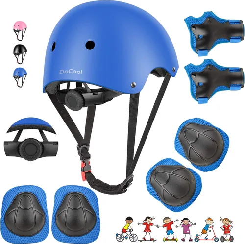 Vista 8 de DaCool Juego de casco de bicicleta para niños, rodilleras para patineta, coderas, muñequeras ajustables para niños de 3 a 10 años