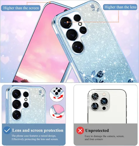 Vista 6 de Kainevy - Funda para Samsung Galaxy S23 Ultra, funda transparente con purpurina rosa floral para mujeres y niñas, bonita funda para Samsung S23