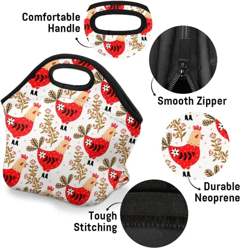 Vista 4 de Bolsa de almuerzo de neopreno con diseño de flores de pollo, suave, lavable, reutilizable, aislada, ligera, para preparación de comidas