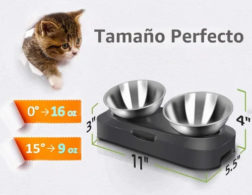 Vista 7 de Tazón de comida para gatos de acero inoxidable AYADA, diseño ergonómico de 15 ángulos, reduce el vómito Doble