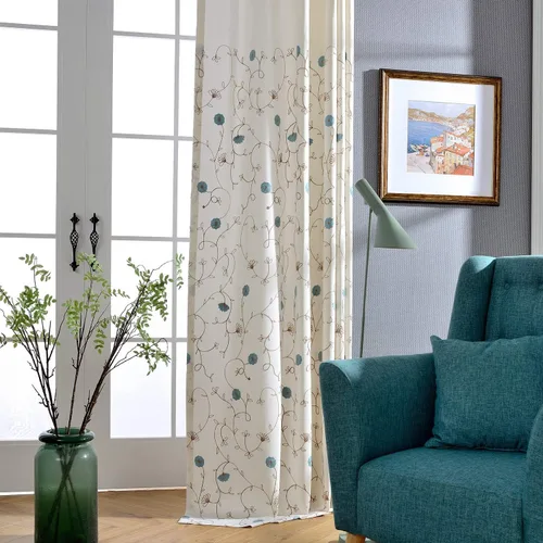 Vista 25 de VOGOL - Cortinas de 2 paneles con ramas bordadas de lino sintético con ojales, cortinas para dormitorio/sala de estar, paneles de tratamiento