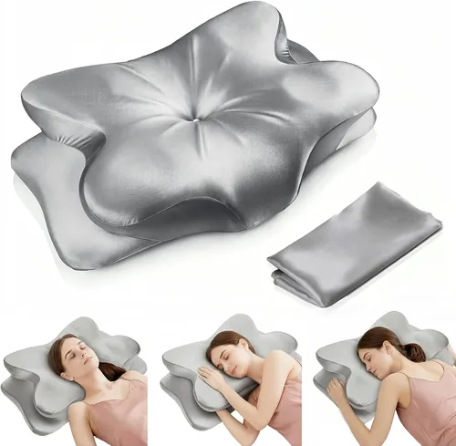 Vista 7 de Almohada cervical para el alivio del dolor de cuello, almohada ergonómica de espuma viscoelástica con funda de satén sedoso resistente a