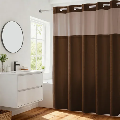 Vista 33 de Cortina de baño River Dream de gran peso sin ganchos necesarios con diseño de gofre punteado y forro a presión - 36W x 74H, de calidad hotelera