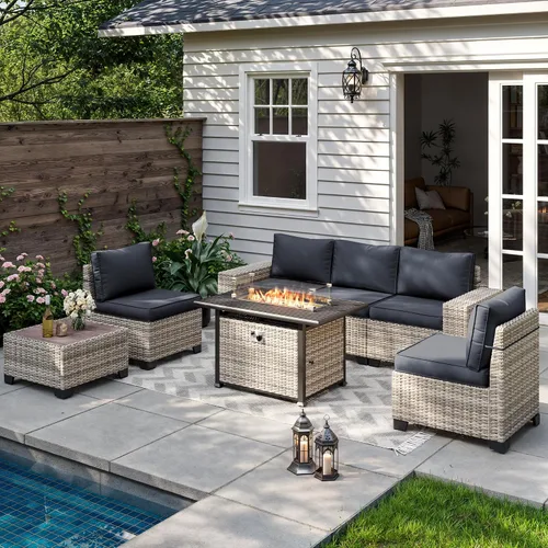 Vista 115 de Muebles de patio al aire libre conjunto PE mimbre ratán al aire libre sofá seccional Gris