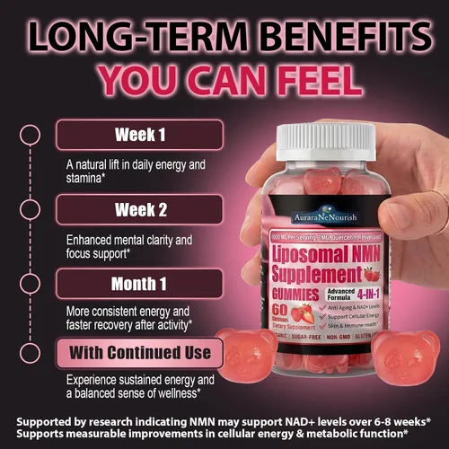 Vista 5 de Suplemento NMN de 1000 mg, gomitas liposomales de NMN 4 en 1 con resveratrol, quercetina y TMG para niveles de NAD+, alternativa a NMNH, apoya