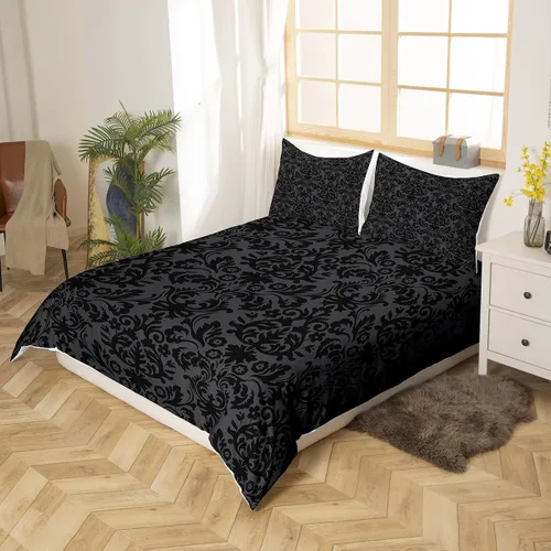 Vista 4 de Erosebridal Juego de ropa de cama de damasco negro de 7 piezas con funda de edredón y sábanas tamaño Queen