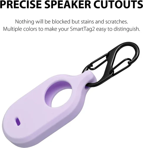 Vista 3 de Funda de silicona para Galaxy SmartTag2 con llavero, paquete de 2 fundas protectoras antiarañazos con mosquetón (morado/verde menta)