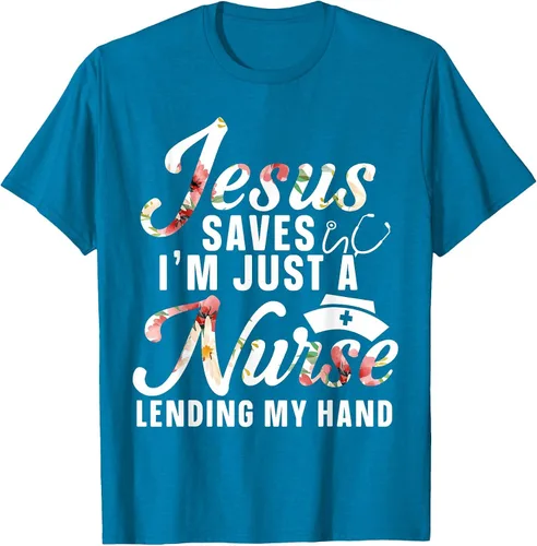 Vista 16 de Jesus Saves I'm Just A Nurse Lending My Hand RN Christian T-Shirt Asphalt Grey