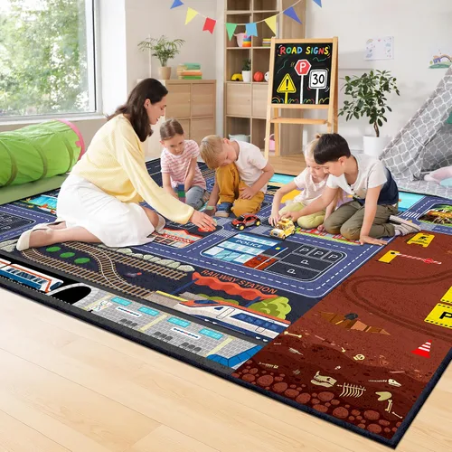 Vista 2 de Car Road - Alfombra de juegos para niños, 5 x 7 pies, alfombra de coche para niños y niños, educativa de tráfico urbano, alfombra de juego lavable
