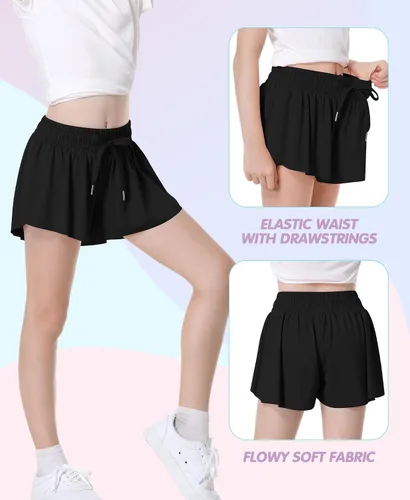 Vista 3 de QooNoo Girls Butterfly Shorts with Pocket Flowy Athletic Shorts High Waist Preppy Running Shorts for Kids Teen