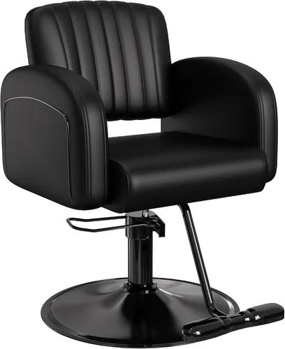 Vista 12 de Silla de salón profesional Baasha completamente negra, silla de estilo hidráulica de lujo con cuero PU suave, cojín de espuma de alta densidad, giro