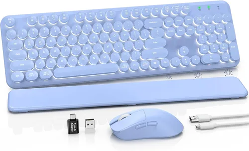 Vista 15 de Combo de teclado y mouse inalámbricos, teclado retro con teclas redondas, teclado estilo máquina de escribir de tamaño completo con reposamuñecas