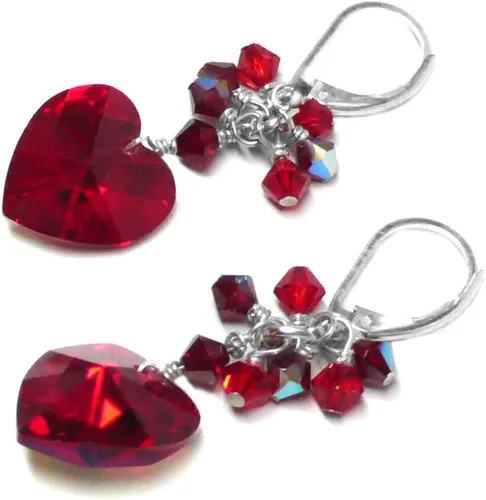 Vista 3 de 14x14mm Crystal Heart Red Cluster Drop Earrings Gold-Filled or Sterling Silver