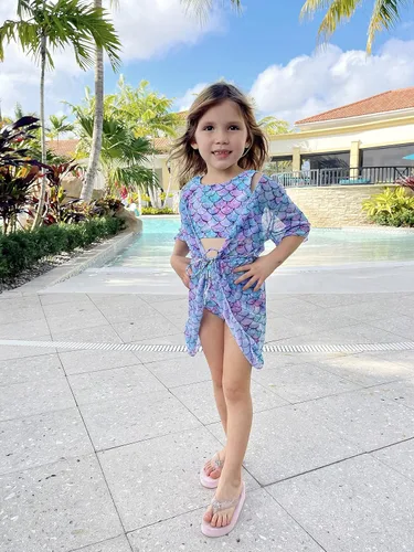 Vista 2 de AIDEAONE Conjunto de traje de baño de 3 piezas para niñas con kimono de secado rápido con cordón de ajuste para 5-12 años