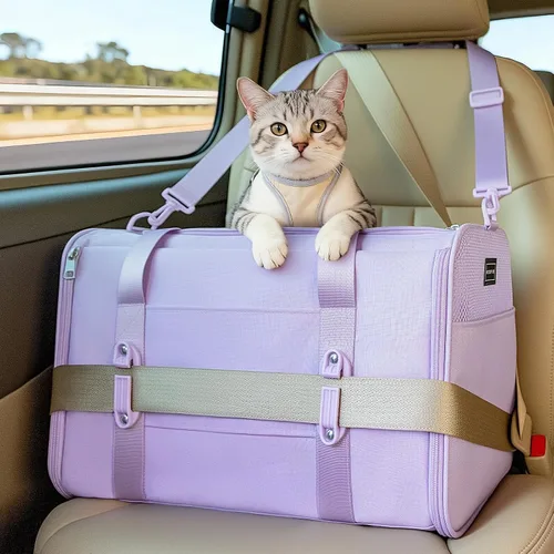 Vista 19 de PETSFIT Transportador de gatos de lados suaves con hebillas de seguridad patentadas, cremalleras bloqueables y correa de seguridad, transportador