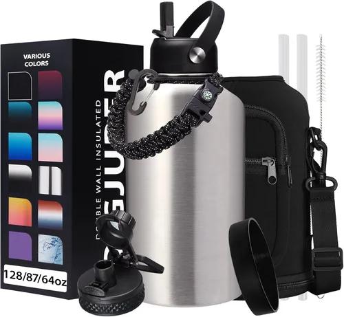 Vista 23 de Botella de agua aislada de 1 galón, con popote y tapa de pico automático, mango de paracord, funda para botella, botella de agua de acero inoxidable