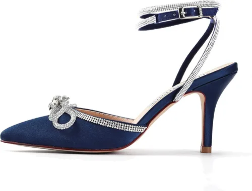 Vista 2 de ELEGANTPARK Tacones para mujer, puntiagudos, con puntera cerrada, correa de tobillo, diamantes de imitación, lazo alto, zapatos de satén para boda