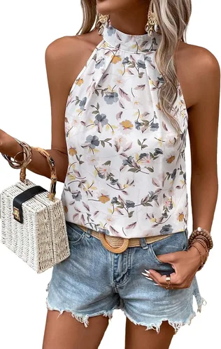 Vista 3 de SOLY HUX Camisetas sin mangas con cuello halter para mujer, blusas sin mangas para verano, casuales, de moda