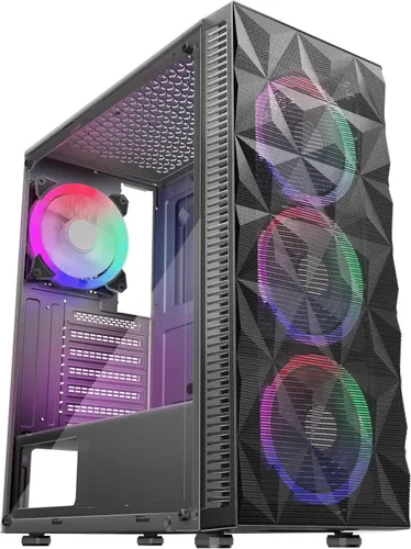 Vista 7 de MOROVOL Carcasa para PC con 4 ventiladores RGB preinstalados, carcasa de computadora ATX para juegos con malla frontal en forma de diamante y panel