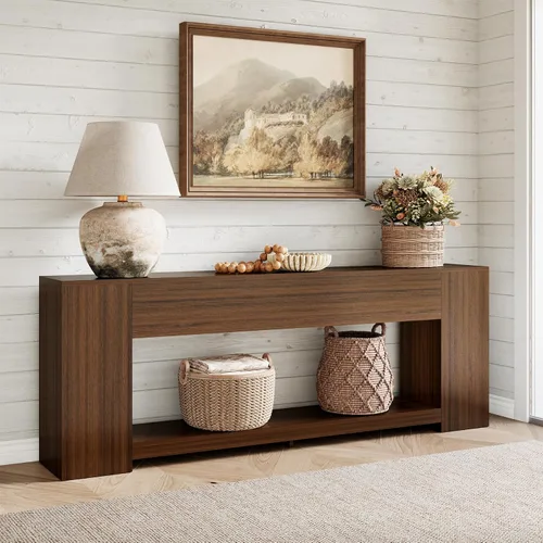 Vista 11 de Epecoya Mesa consola extra larga para entrada, color negro, mesa de entrada de 86 pulgadas con estantes de almacenamiento, mesa moderna de 2 niveles