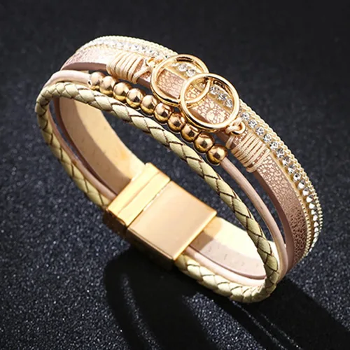 Vista 3 de Pulsera de cuero bohemia para mujer, pulsera de cuentas infinitas con cierre magnético, pulsera de cuero apilable