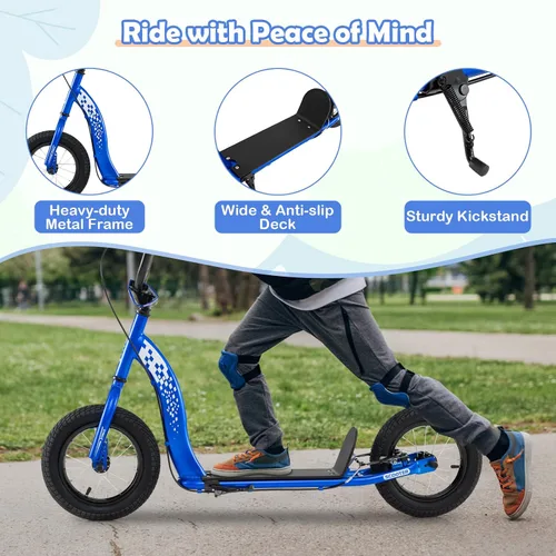 Vista 5 de GYMAX Patinete, Patinete de Empuje para Adultos, Adolescentes, Niños con Manubrio Ajustable, Ruedas Inflables de 12 Pulgadas, Freno de Pinza
