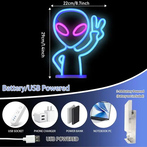 Vista 6 de ENUOLI Letrero de neón, diseño alienígena, plástico, 8.7 x 11.4 x 0.78 pulgadas, azul+rosa, letrero decorativo, alimentado por USB/batería, luz