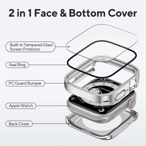 Vista 2 de Paquete de 4 fundas impermeables compatibles con Apple Watch de 1.575 pulgadas Series 6/5/4/SE con protector de pantalla de vidrio templado