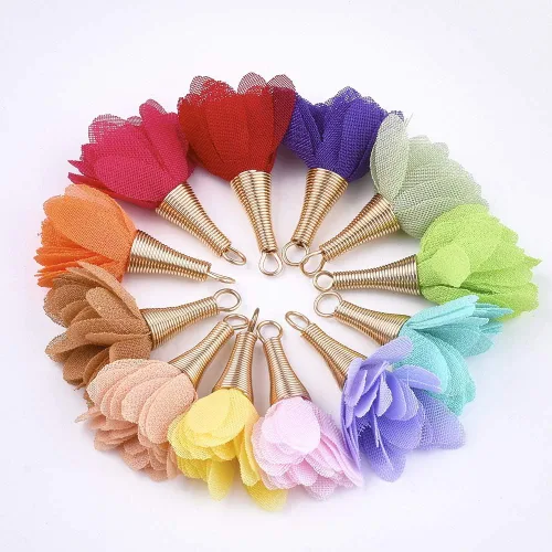 Vista 10 de Cheriswelry Colgantes de flores de tela de tela con pétalos florales con tapa dorada para aretes de bricolaje, llavero, fabricación de joyas