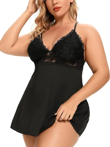 Vista 5 de Lencería sexy para mujer, talla grande, babydoll negro, cuello en V, encaje