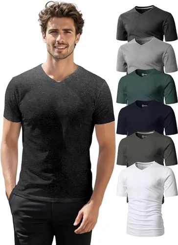 Vista 36 de H2H Camisetas para hombre - Pack de varias unidades, diseño simple, manga corta, ajuste delgado, mezcla de algodón (cuello en V/cuello redondo)