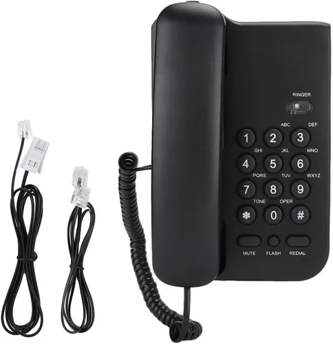 Vista 7 de Teléfono fijo, soporte de pared de escritorio con cable, teléfono de extensión inglés con silencio/una, función de redireccionamiento/flash