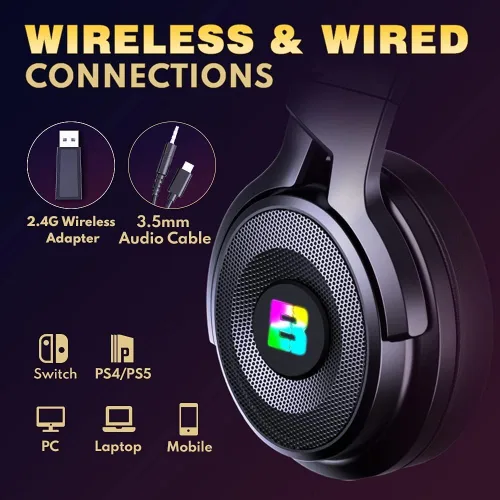 Vista 7 de BENGOO Auriculares inalámbricos para juegos para PS5, PS4, PC, Mac, auriculares USB sobre la oreja con micrófono de cancelación de ruido, sonido