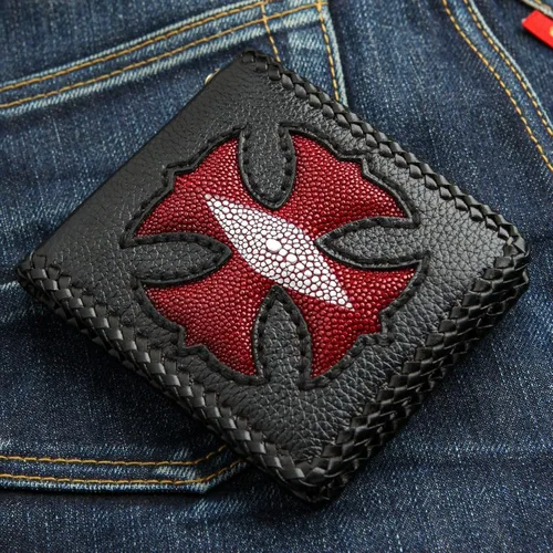 Vista 3 de Cartera de cuero con cruz roja para hombre, talla mediana (1417), Rojo -, Cartera