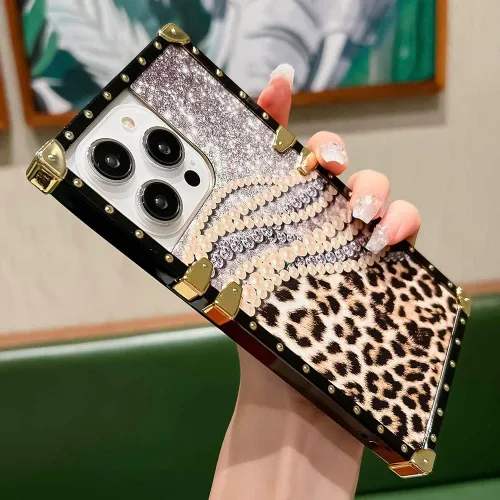 Vista 5 de Funda cuadrada de lujo compatible con iPhone 13 Pro Max de 6.7 pulgadas, funda de leopardo brillante, silicona suave y brillante a prueba de golpes