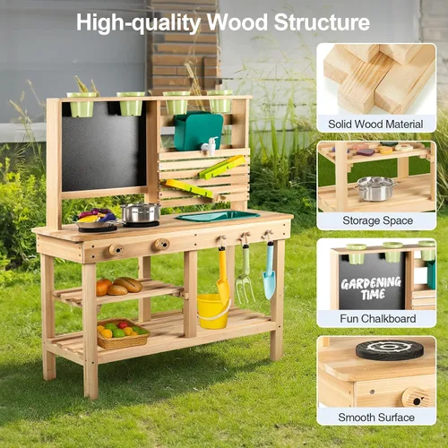 Vista 4 de Cocina de barro para niños al aire libre, juego de cocina de madera para niños pequeños con fregadero, utensilios de cocina, estufa, pizarra, grifo