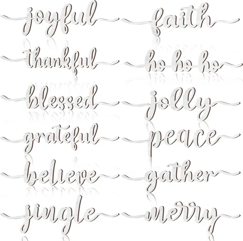 Vista 17 de 12 piezas de letreros de madera con palabras navideñas recortadas "Joyful Merry Thankful Grateful Blessed Peace Gather" para decoración de plato