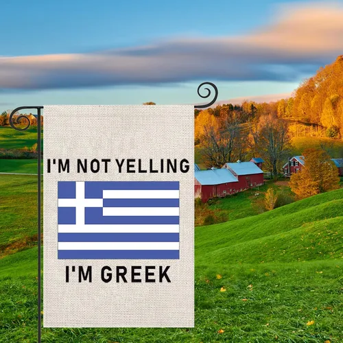 Vista 7 de Bandera de jardín familiar griega con texto en inglés "I'm Not Yelling I'm Greek", bandera para exteriores, bandera de raíz de Grecia, regalo