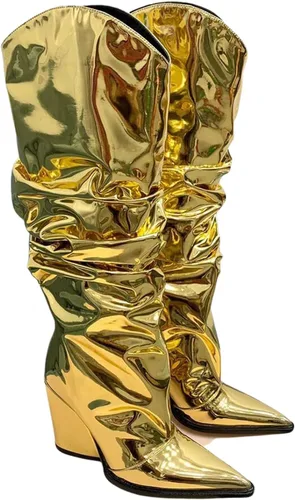Vista 24 de Vertundy Botas altas hasta la rodilla metálicas con punta puntiaguda para mujer, botas altas de tacón alto de charol plisadas, botas largas plisadas