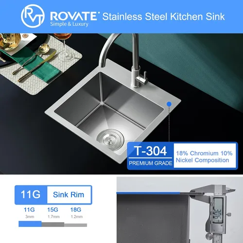 Vista 6 de ROVATE Fregadero de barra empotrable de 13 x 15 x 8 pulgadas, Fregadero de cocina pequeño de montaje superior de un solo compartimento, Fregaderos