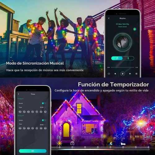 Vista 4 de WS2812B - Guirnalda de luces inteligentes de 33 pies, USB, Bluetooth, con temporizador y control remoto, sincronización de música, modos divertidos