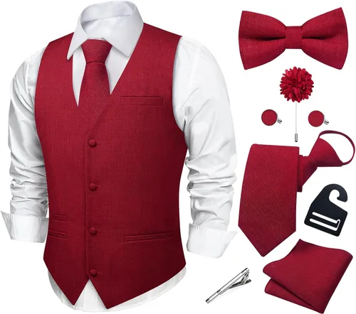 Vista 5 de DiBanGu Conjunto de corbata con cremallera y chaleco de lino para hombre Negro