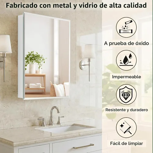 Vista 6 de Botiquín de baño de 16 x 26 pulgadas con espejo, espejo biselado rectangular sin marco, instalación de empotrar o montaje en superficie